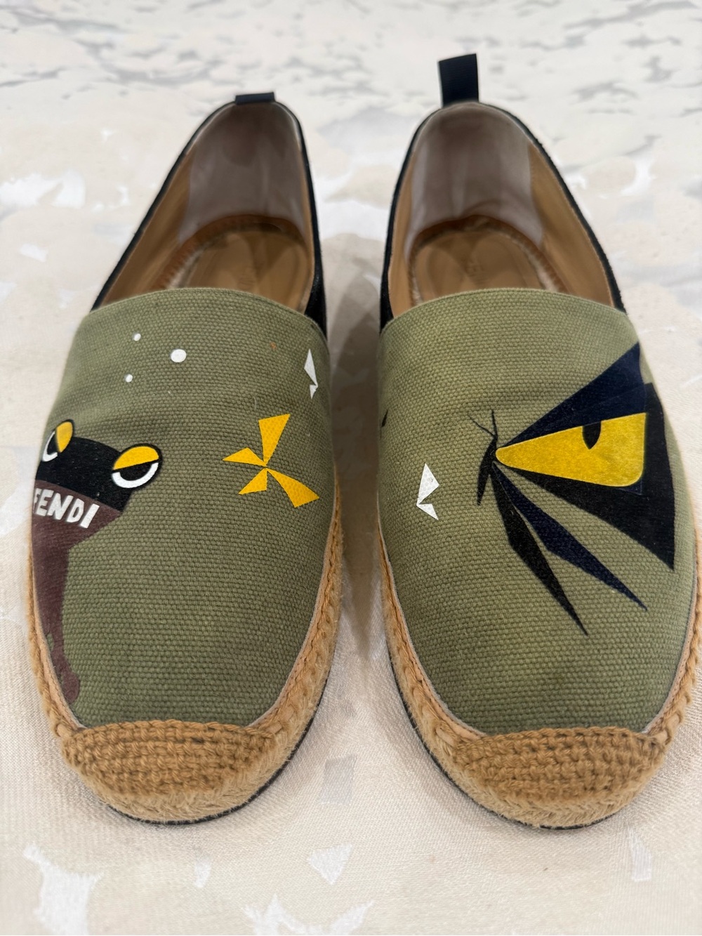 Fendi Olive Green Canvas Slip-On Espadrilles with Yellow & Black Graphic